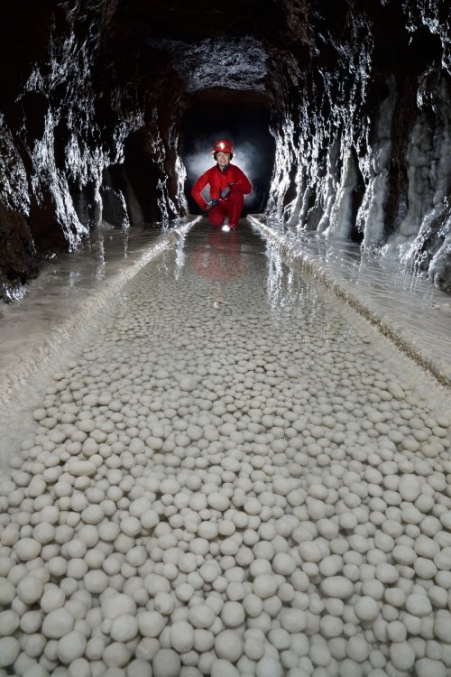 Spéléodrome de Villers-lès-Nancy - Galerie avec parois recouvertes de calcite et perles des cavernes au sol (avec personnage accroupi en fond , format vertical)(SP-19-1915 )